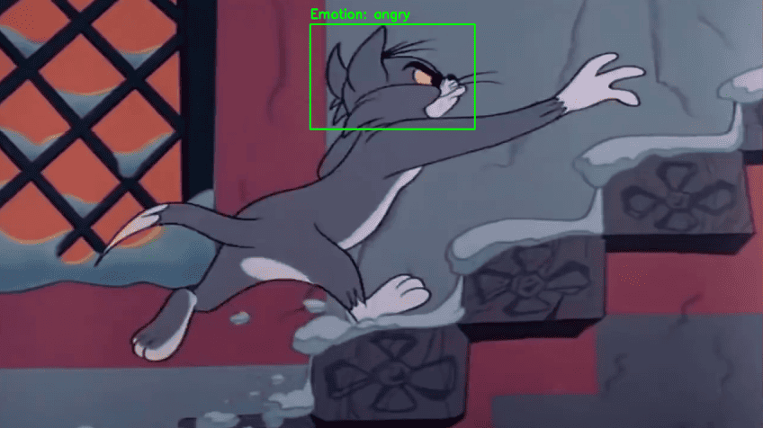 Prediction screen: an uploaded Tom and Jerry with the face and emotion predicted by the model